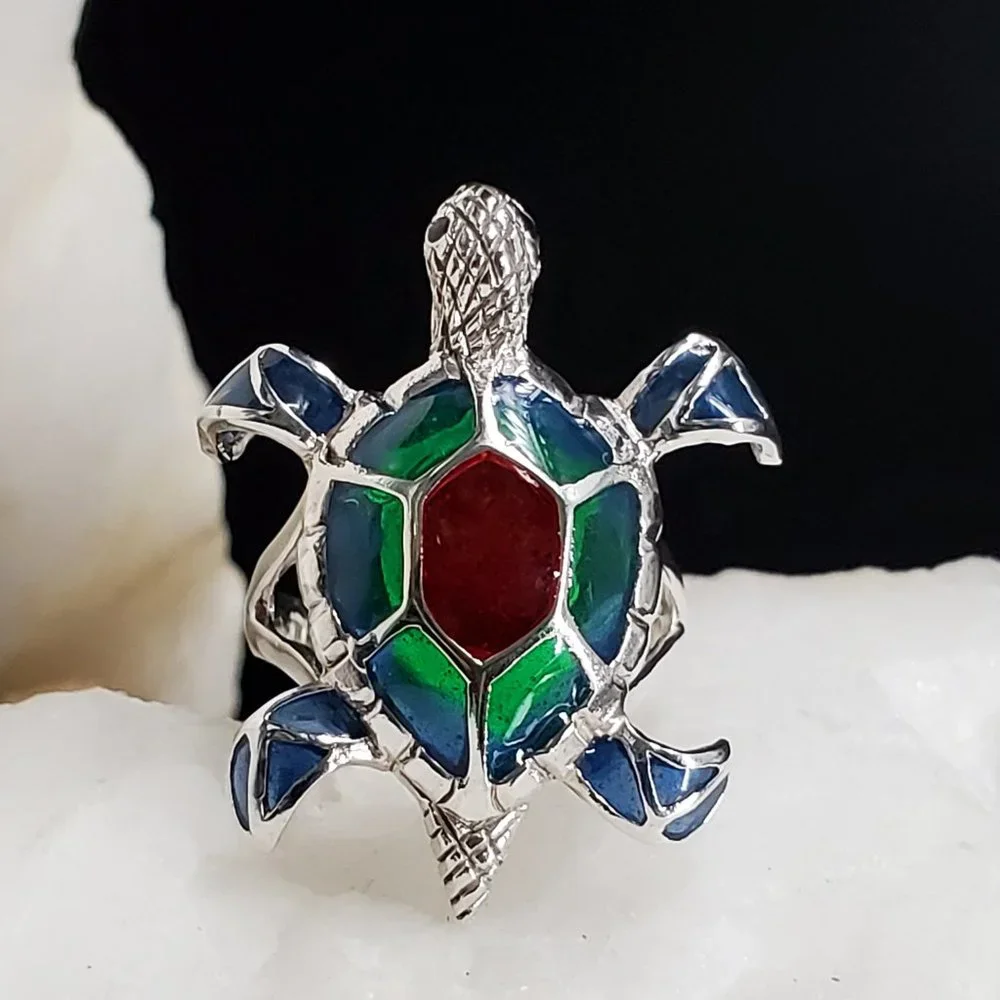 Solid Sterling Silver 925 Ring Turtle Hand Enameled Designer Jewelry
